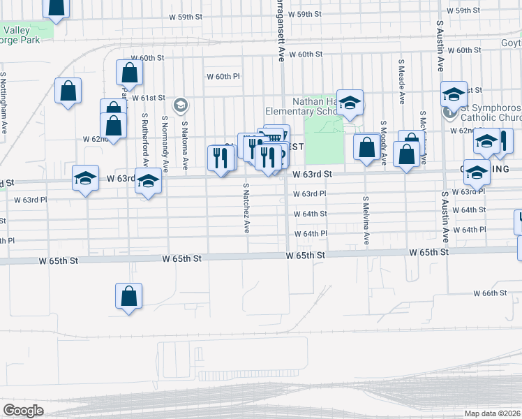 map of restaurants, bars, coffee shops, grocery stores, and more near 6447 West 63rd Place in Chicago