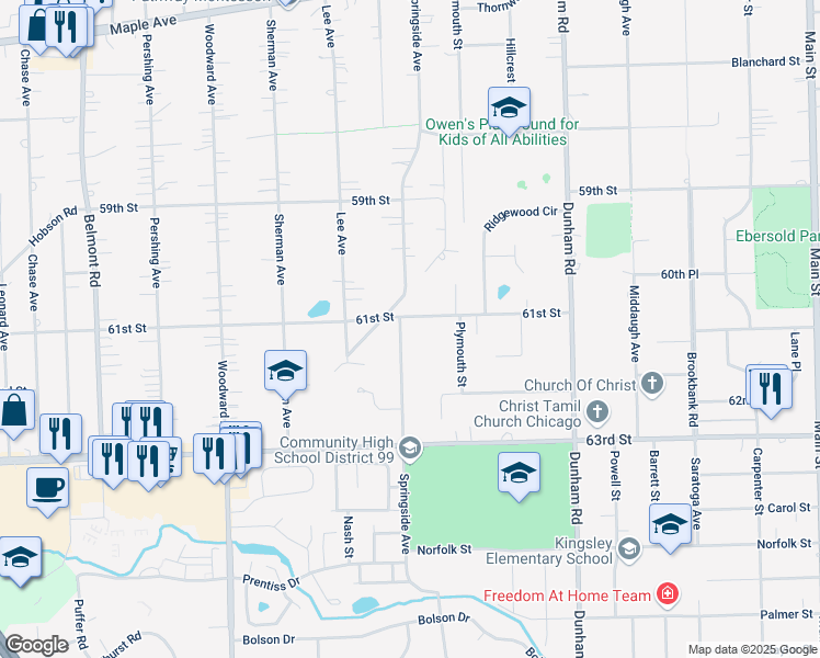 map of restaurants, bars, coffee shops, grocery stores, and more near 1633 61st Street in Downers Grove