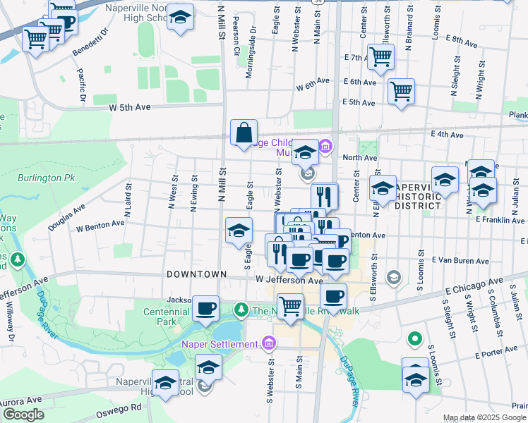 map of restaurants, bars, coffee shops, grocery stores, and more near 227 West Franklin Avenue in Naperville