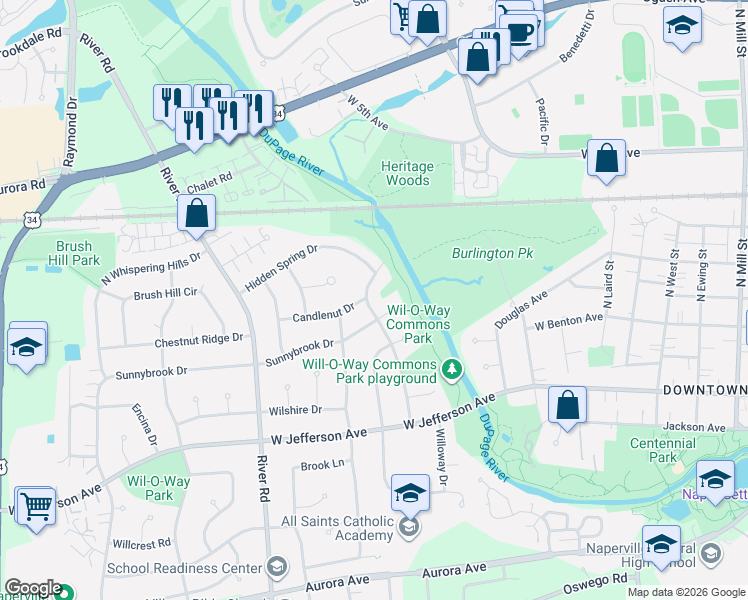 map of restaurants, bars, coffee shops, grocery stores, and more near 110 North Stauffer Drive in Naperville