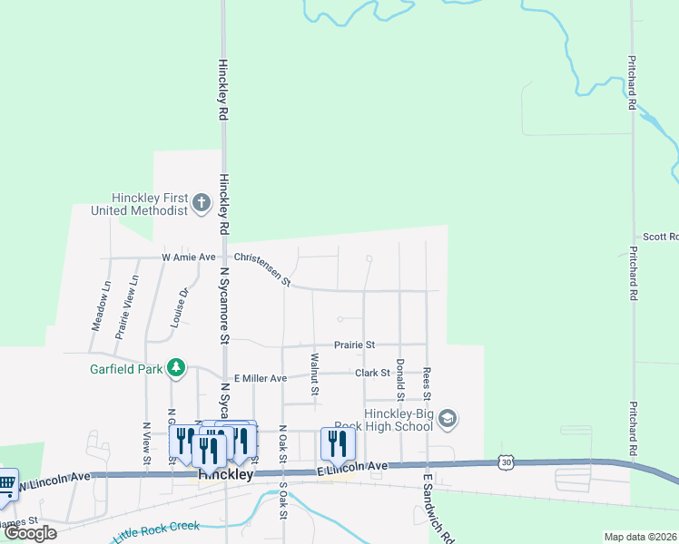 map of restaurants, bars, coffee shops, grocery stores, and more near 641 Coster Court in Hinckley