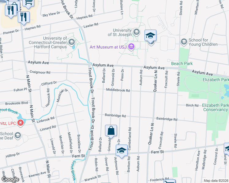 map of restaurants, bars, coffee shops, grocery stores, and more near 96 Middlebrook Road in West Hartford