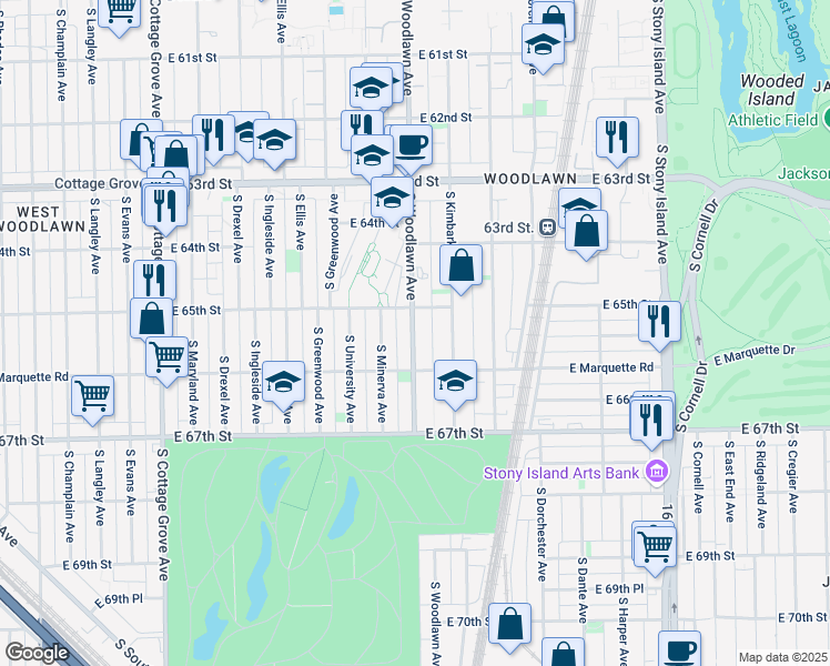 map of restaurants, bars, coffee shops, grocery stores, and more near 6541 South Woodlawn Avenue in Chicago