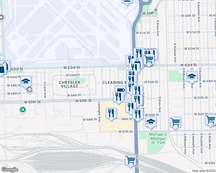 map of restaurants, bars, coffee shops, grocery stores, and more near 6401 South Laporte Avenue in Chicago