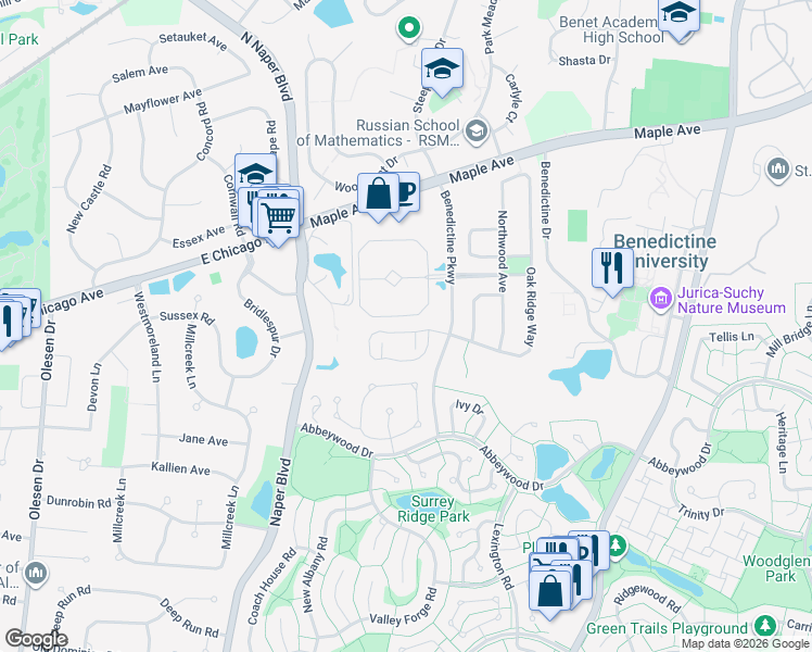 map of restaurants, bars, coffee shops, grocery stores, and more near 2740 Weeping Willow Drive in Lisle