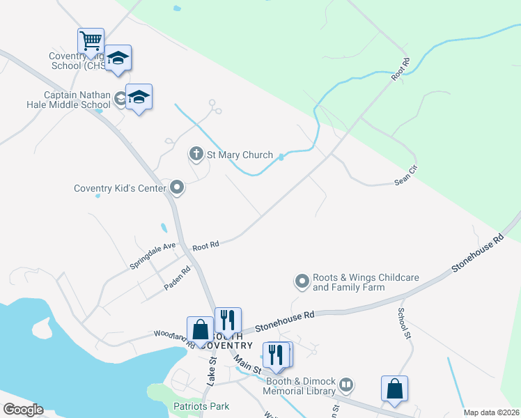 map of restaurants, bars, coffee shops, grocery stores, and more near 181 Root Road in Coventry