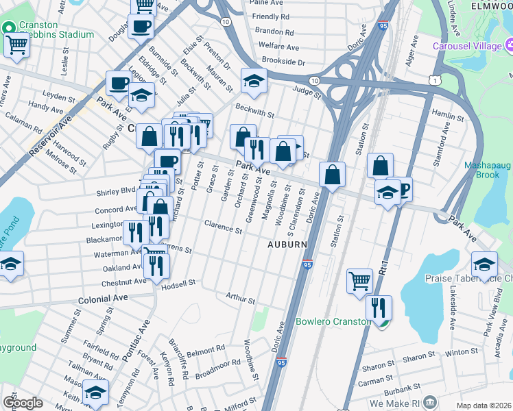 map of restaurants, bars, coffee shops, grocery stores, and more near 114 Auburn Street in Cranston
