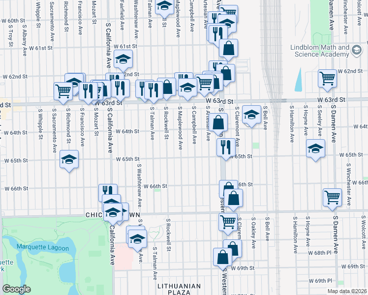 map of restaurants, bars, coffee shops, grocery stores, and more near 6441 South Maplewood Avenue in Chicago