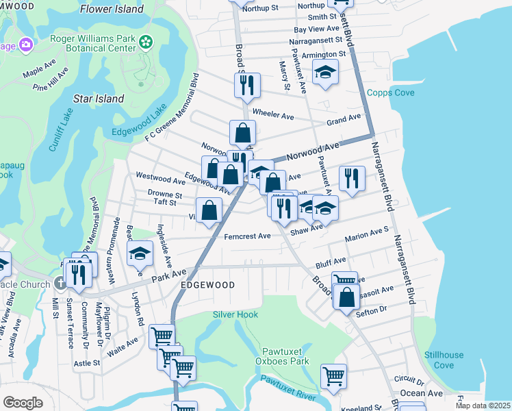 map of restaurants, bars, coffee shops, grocery stores, and more near 1789 Broad Street in Cranston