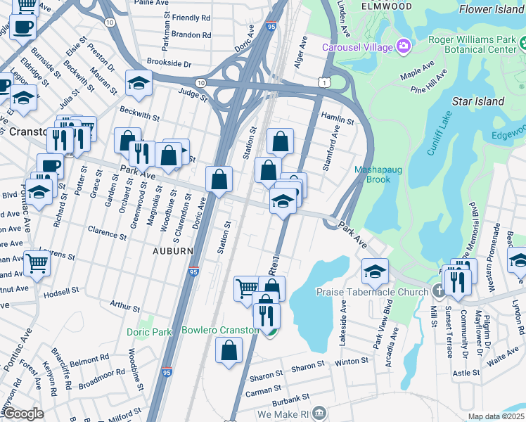 map of restaurants, bars, coffee shops, grocery stores, and more near 1 Frances Avenue in Cranston