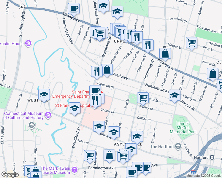 map of restaurants, bars, coffee shops, grocery stores, and more near 264 Sargeant Street in Hartford