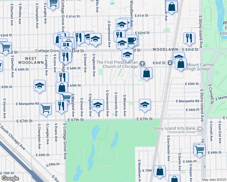 map of restaurants, bars, coffee shops, grocery stores, and more near 6517 South University Avenue in Chicago