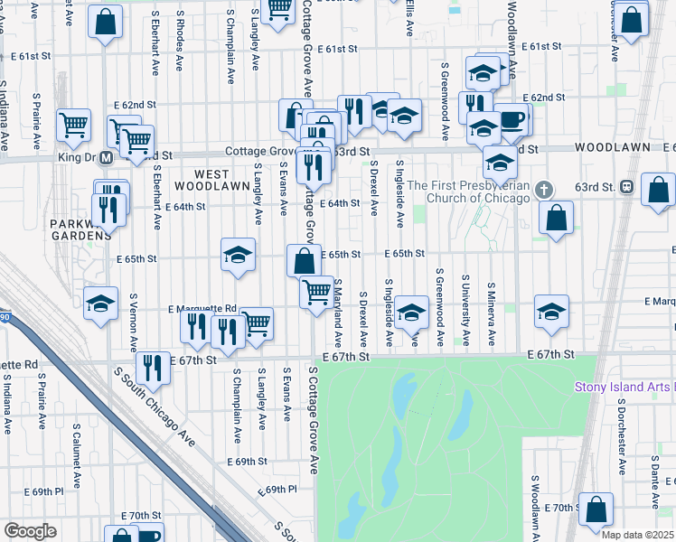 map of restaurants, bars, coffee shops, grocery stores, and more near 6509 South Maryland Avenue in Chicago
