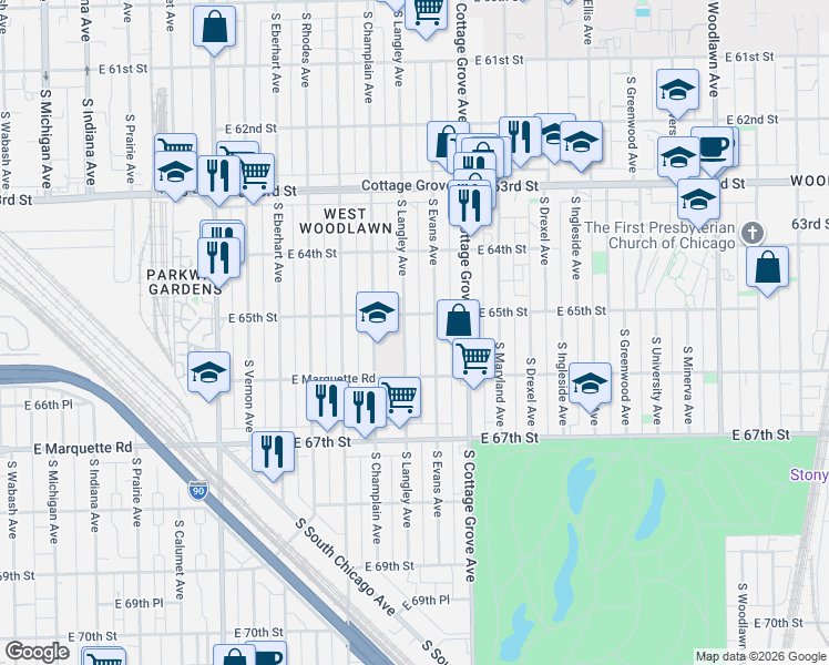 map of restaurants, bars, coffee shops, grocery stores, and more near 6502 South Evans Avenue in Chicago