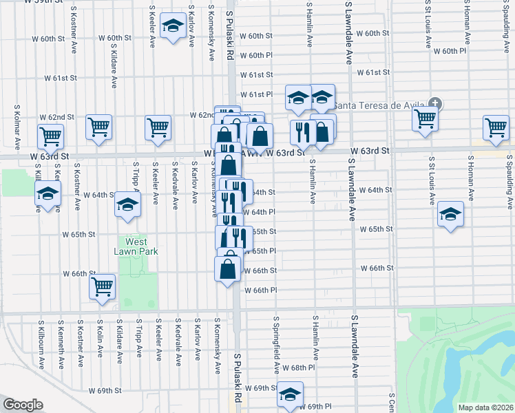 map of restaurants, bars, coffee shops, grocery stores, and more near 3929 West 64th Street in Chicago