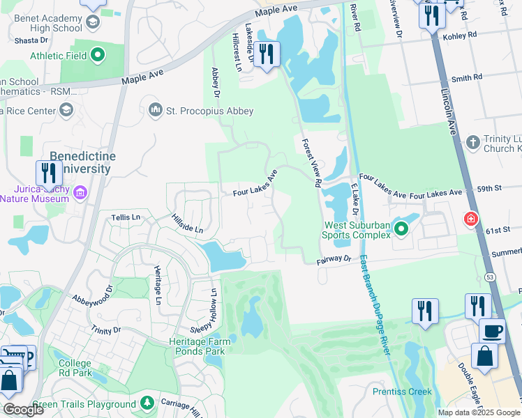 map of restaurants, bars, coffee shops, grocery stores, and more near 5934 Meadow Drive in Lisle