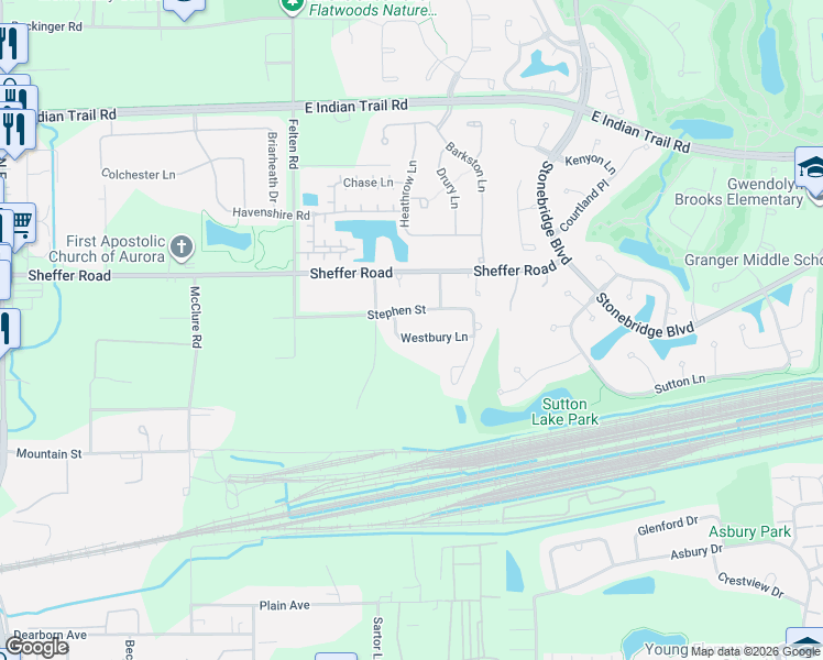 map of restaurants, bars, coffee shops, grocery stores, and more near 2027 Stephen Street in Aurora