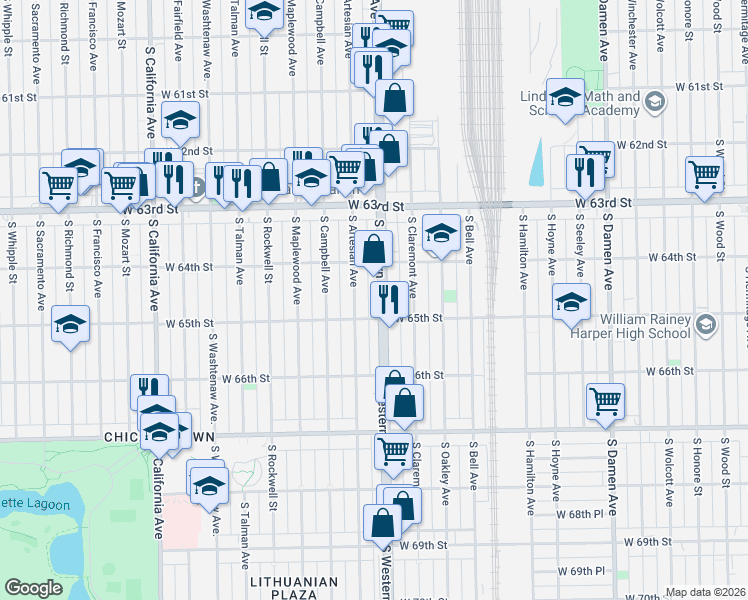map of restaurants, bars, coffee shops, grocery stores, and more near 6434 South Western Avenue in Chicago