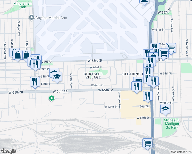 map of restaurants, bars, coffee shops, grocery stores, and more near 5156 West 64th Street in Chicago