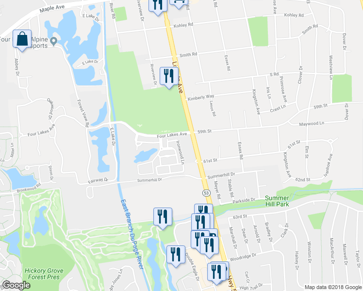 map of restaurants, bars, coffee shops, grocery stores, and more near 6056 Ironwood Lane in Lisle