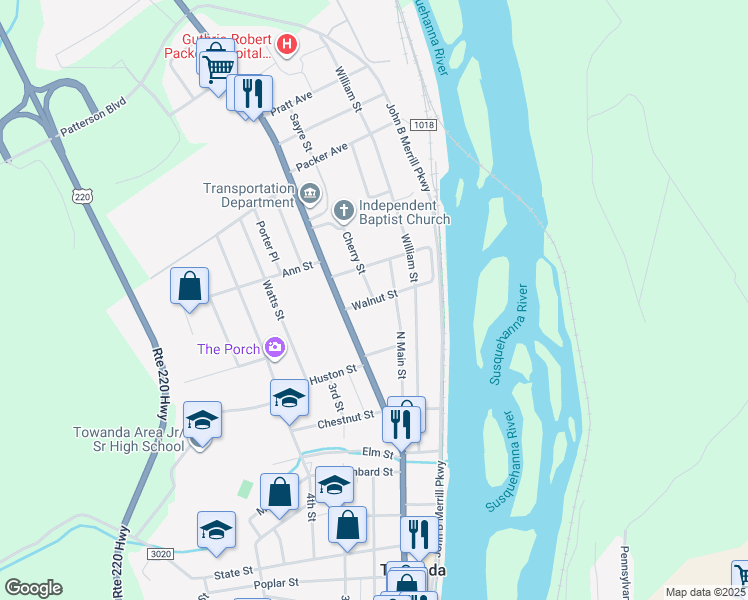 map of restaurants, bars, coffee shops, grocery stores, and more near 2 Cherry Street in Towanda