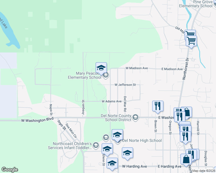 map of restaurants, bars, coffee shops, grocery stores, and more near 690-898 West Madison Avenue in Crescent City