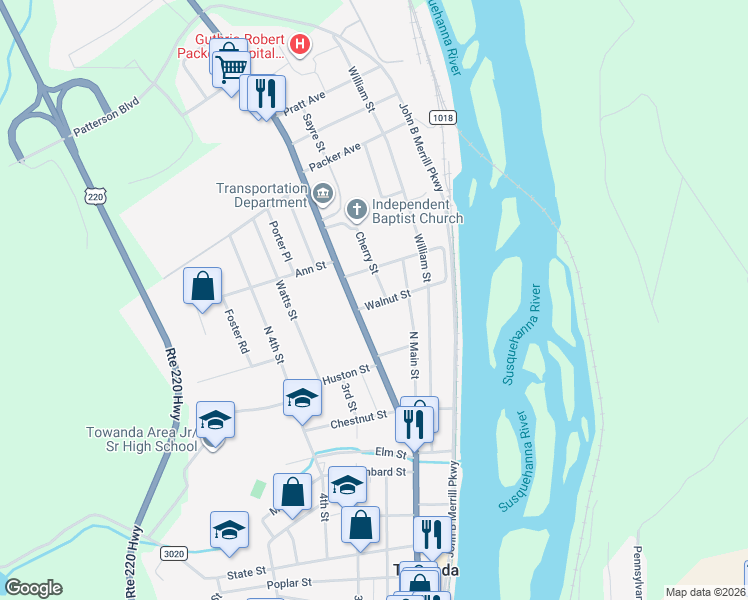 map of restaurants, bars, coffee shops, grocery stores, and more near 2-6 Cherry Street in Towanda