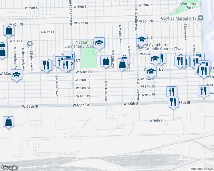map of restaurants, bars, coffee shops, grocery stores, and more near 6141 West 63rd Place in Chicago