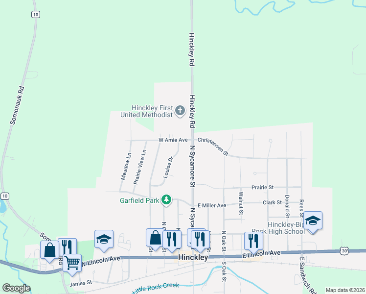 map of restaurants, bars, coffee shops, grocery stores, and more near 671 Louise Drive in Hinckley