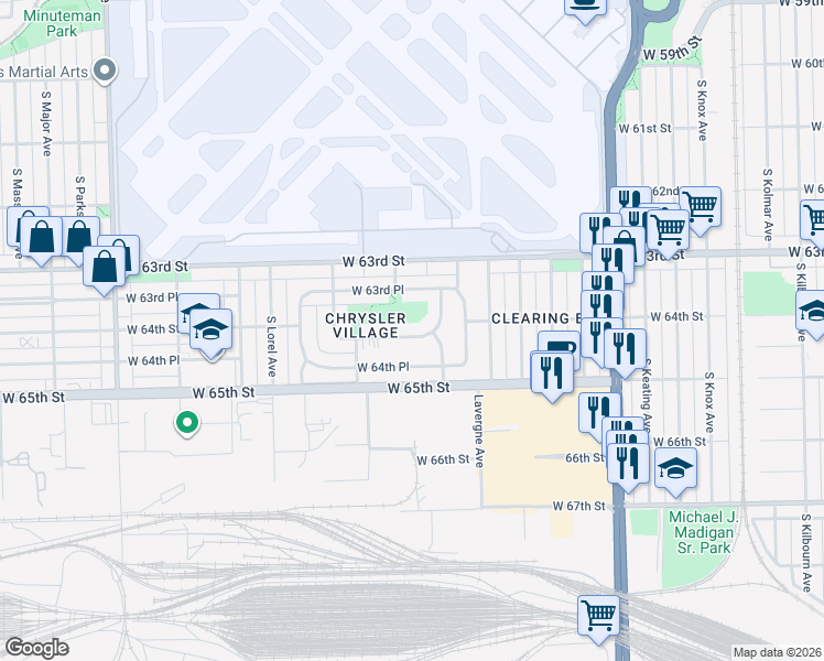map of restaurants, bars, coffee shops, grocery stores, and more near 5120 West 64th Street in Chicago