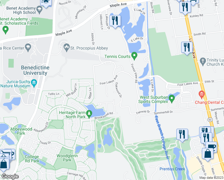 map of restaurants, bars, coffee shops, grocery stores, and more near 5934 Meadow Drive in Lisle