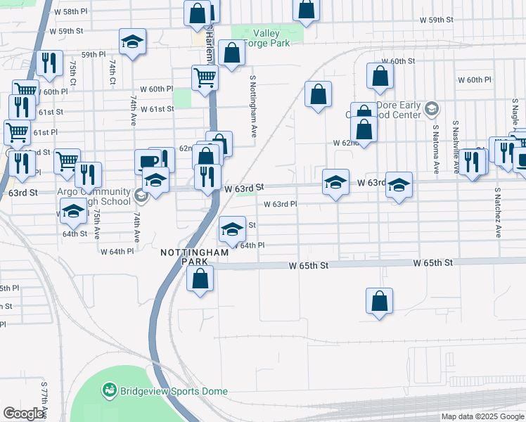 map of restaurants, bars, coffee shops, grocery stores, and more near 7053 West 63rd Place in Chicago