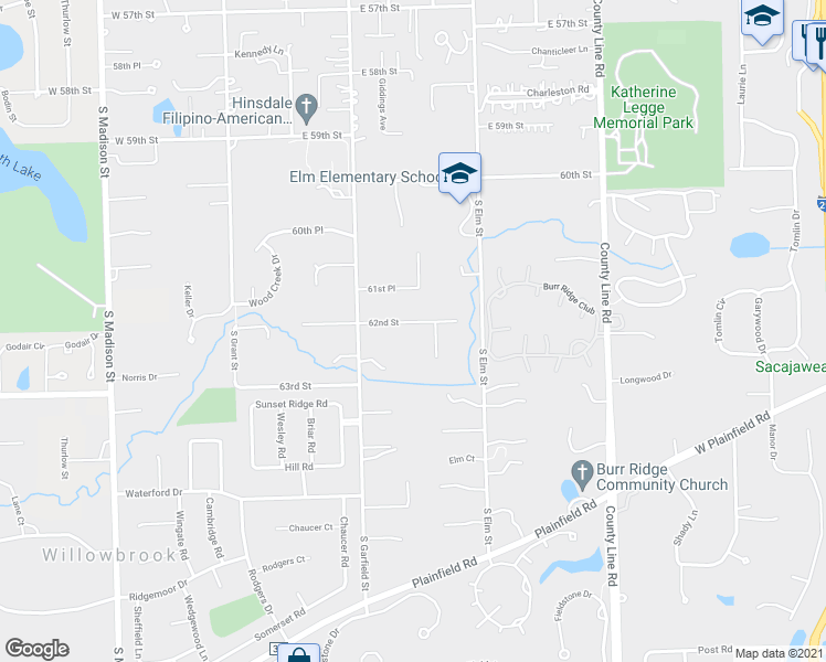 map of restaurants, bars, coffee shops, grocery stores, and more near 15W271 62nd Street in Burr Ridge