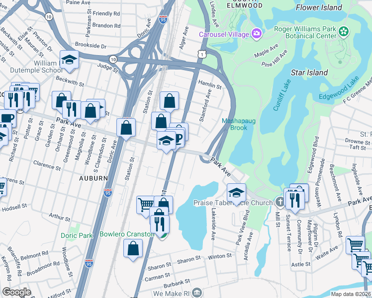 map of restaurants, bars, coffee shops, grocery stores, and more near 541 Park Avenue in Cranston