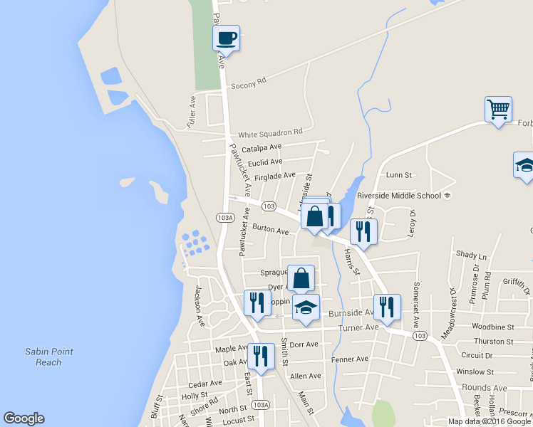 map of restaurants, bars, coffee shops, grocery stores, and more near 8 Goodall Place in East Providence