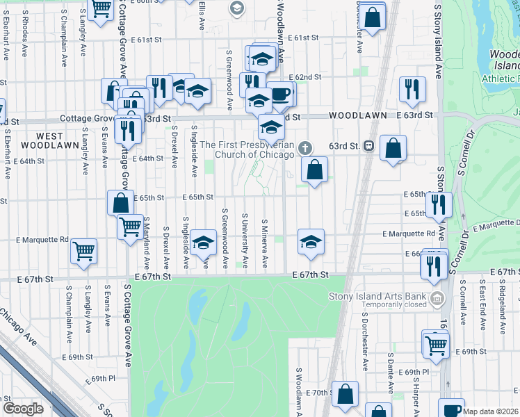 map of restaurants, bars, coffee shops, grocery stores, and more near 6516 South Minerva Avenue in Chicago