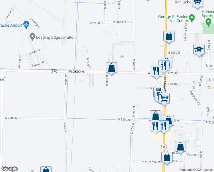 map of restaurants, bars, coffee shops, grocery stores, and more near 1261 North 400 West in North Logan