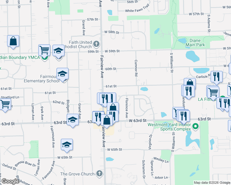map of restaurants, bars, coffee shops, grocery stores, and more near 539 61st Street in Westmont