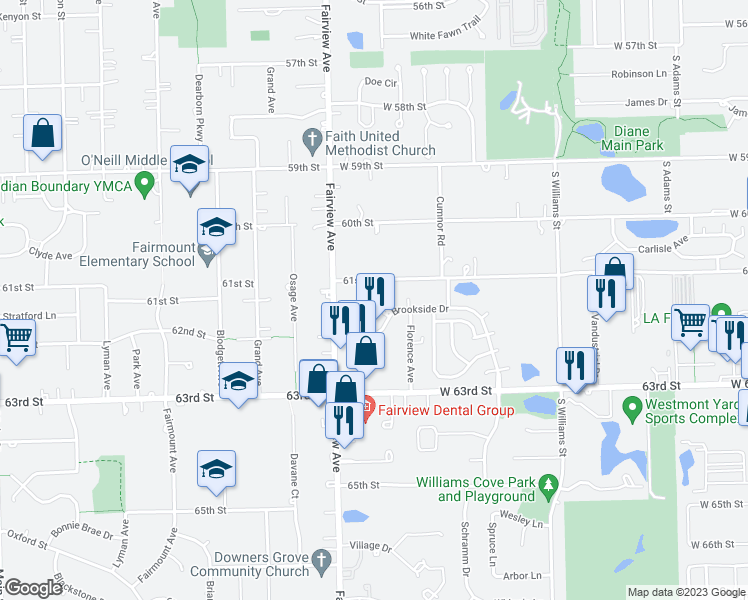 map of restaurants, bars, coffee shops, grocery stores, and more near 524 Brookside Drive in Westmont