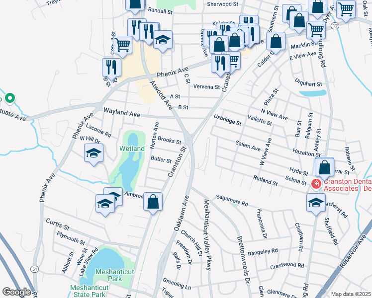 map of restaurants, bars, coffee shops, grocery stores, and more near 1928 Cranston Street in Cranston