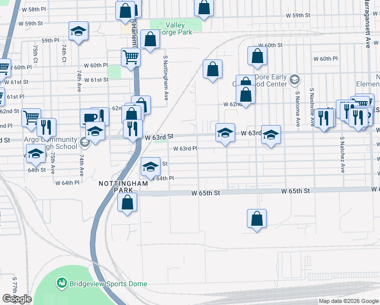 map of restaurants, bars, coffee shops, grocery stores, and more near 7013 West 63rd Place in Chicago