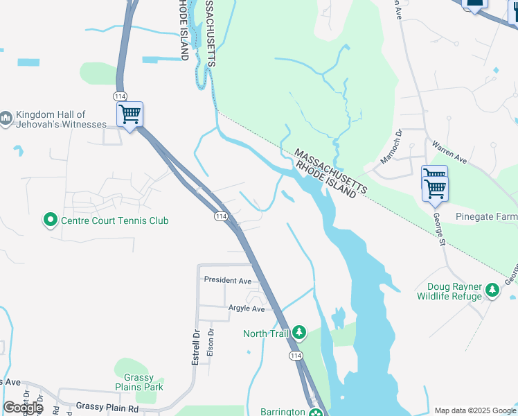 map of restaurants, bars, coffee shops, grocery stores, and more near 14 Jill Court in East Providence