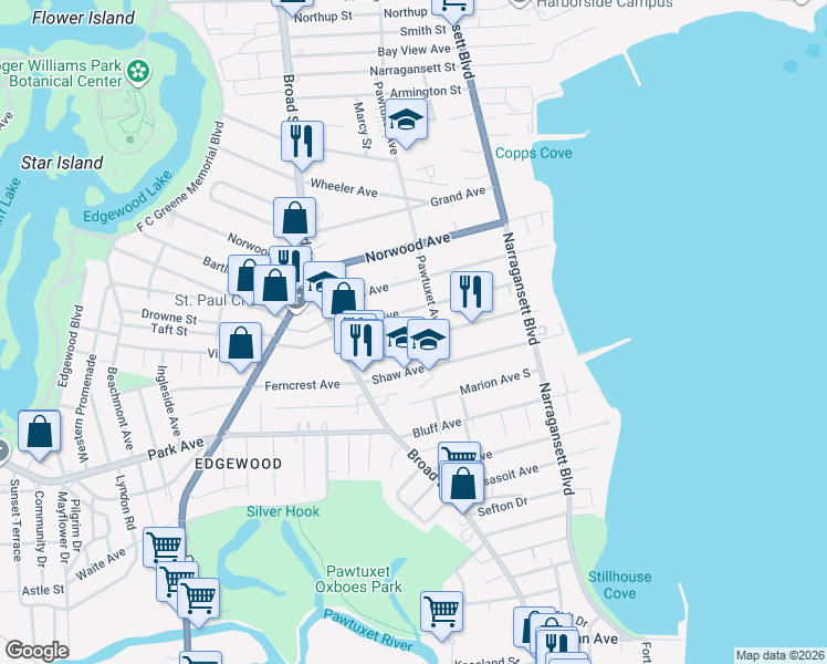 map of restaurants, bars, coffee shops, grocery stores, and more near 152 Albert Avenue in Cranston