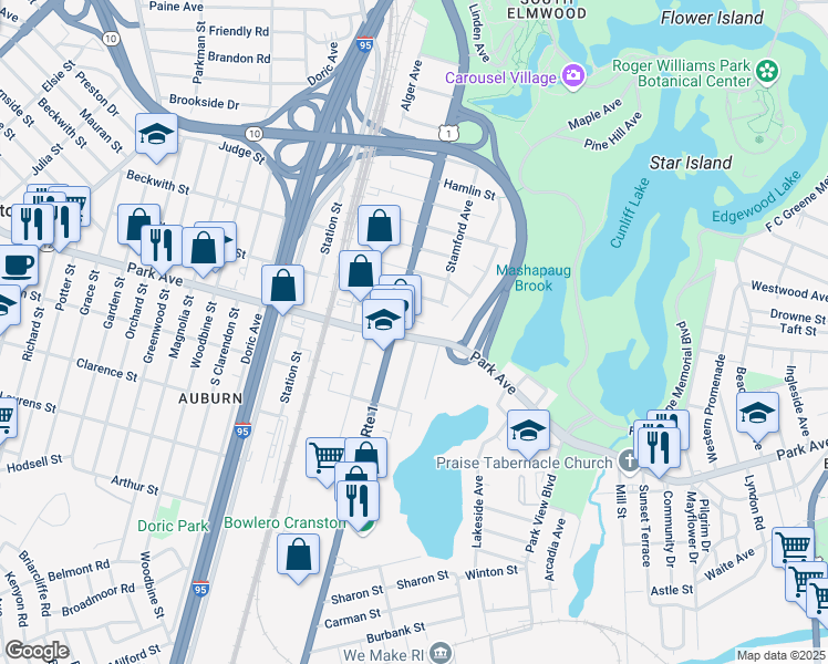map of restaurants, bars, coffee shops, grocery stores, and more near 1266 Elmwood Avenue in Cranston