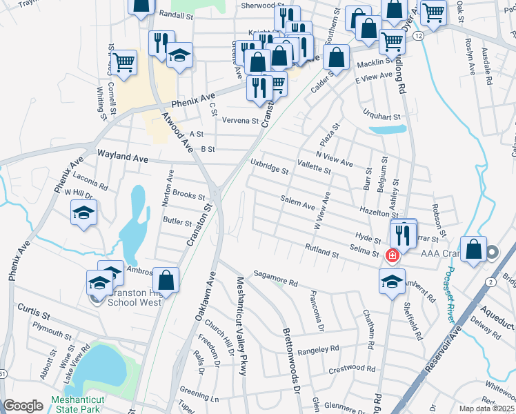 map of restaurants, bars, coffee shops, grocery stores, and more near 227 Hyde Street in Cranston