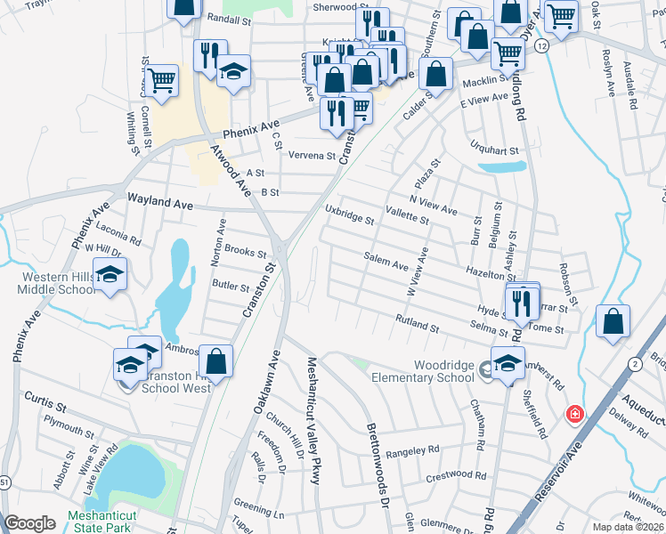 map of restaurants, bars, coffee shops, grocery stores, and more near 227 Hyde Street in Cranston