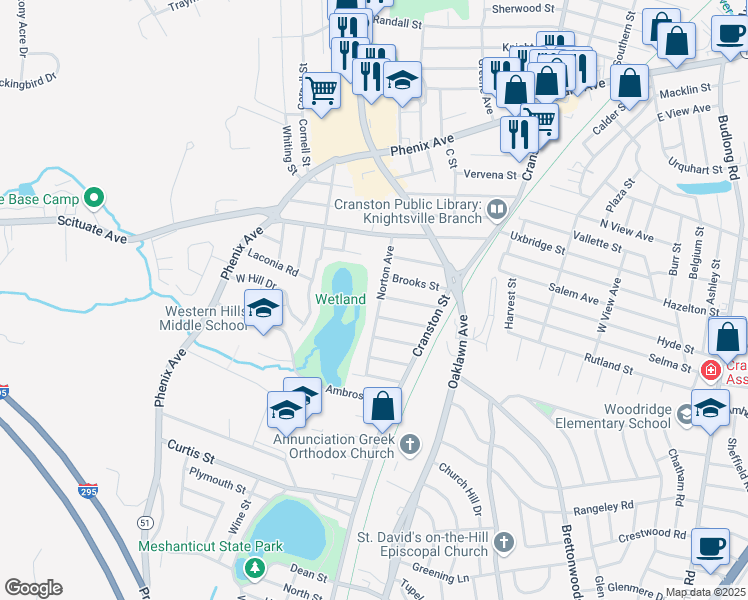 map of restaurants, bars, coffee shops, grocery stores, and more near 53 Blaine Street in Cranston