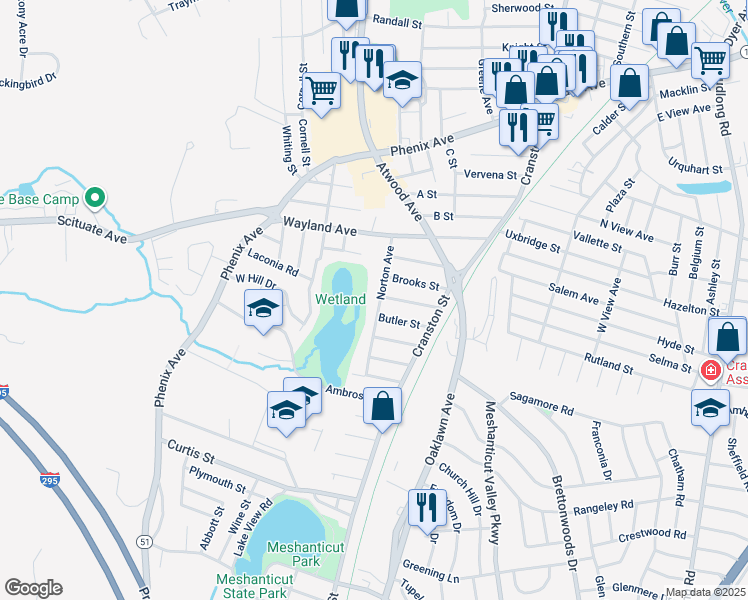 map of restaurants, bars, coffee shops, grocery stores, and more near 53 Blaine Street in Cranston