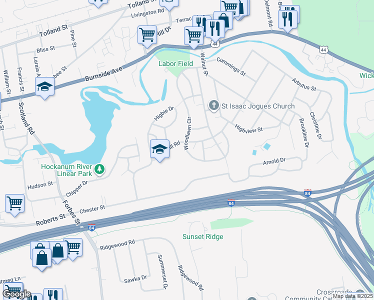 map of restaurants, bars, coffee shops, grocery stores, and more near 59 Great Hill Road in East Hartford