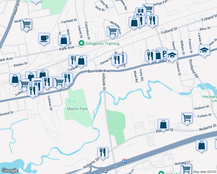 map of restaurants, bars, coffee shops, grocery stores, and more near 14 Hillside Street in East Hartford